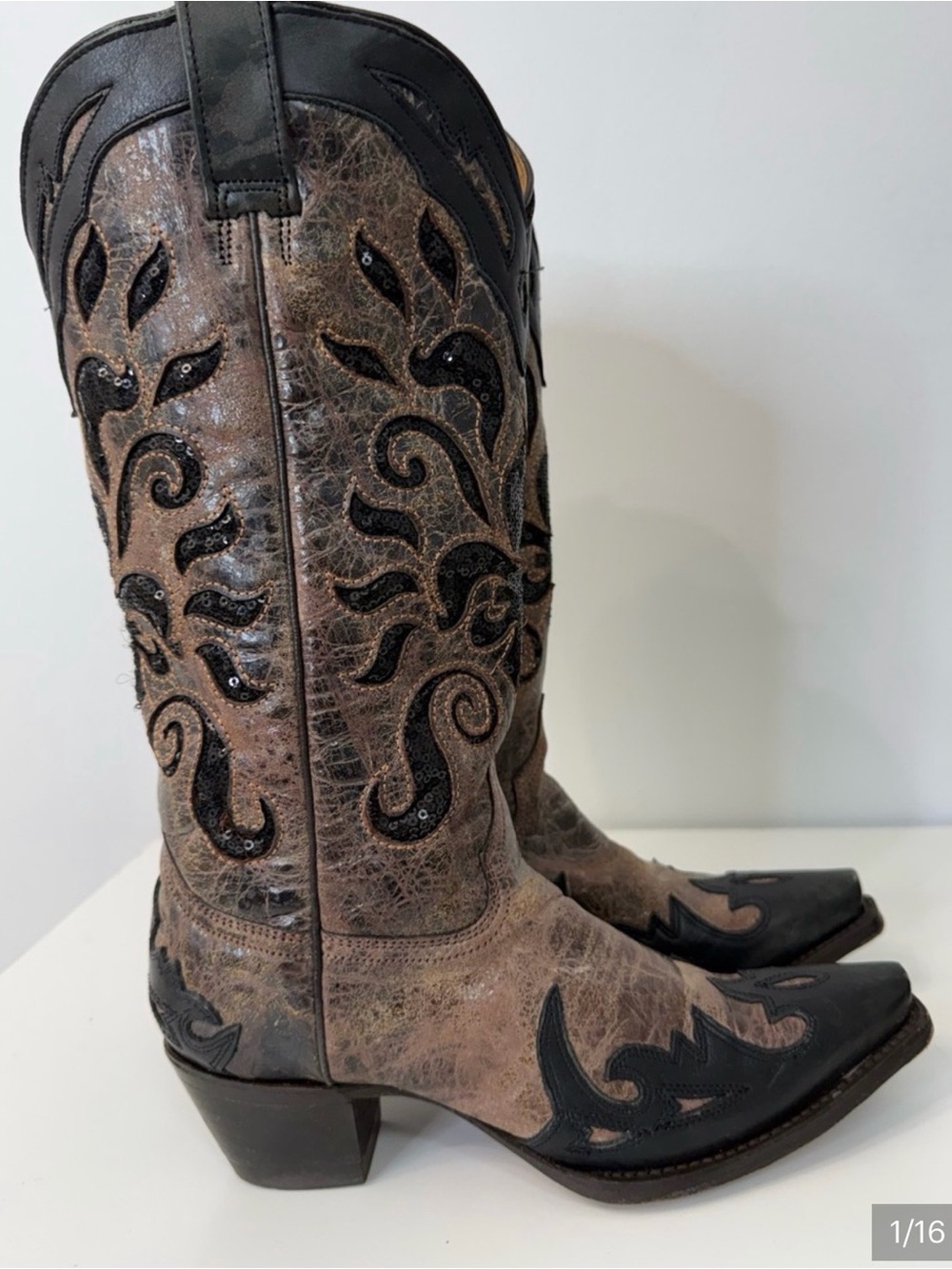 Corral Cowgirl Boots A1135 Brown Black Overlay Sequin Inlay Leather Western Sz 6